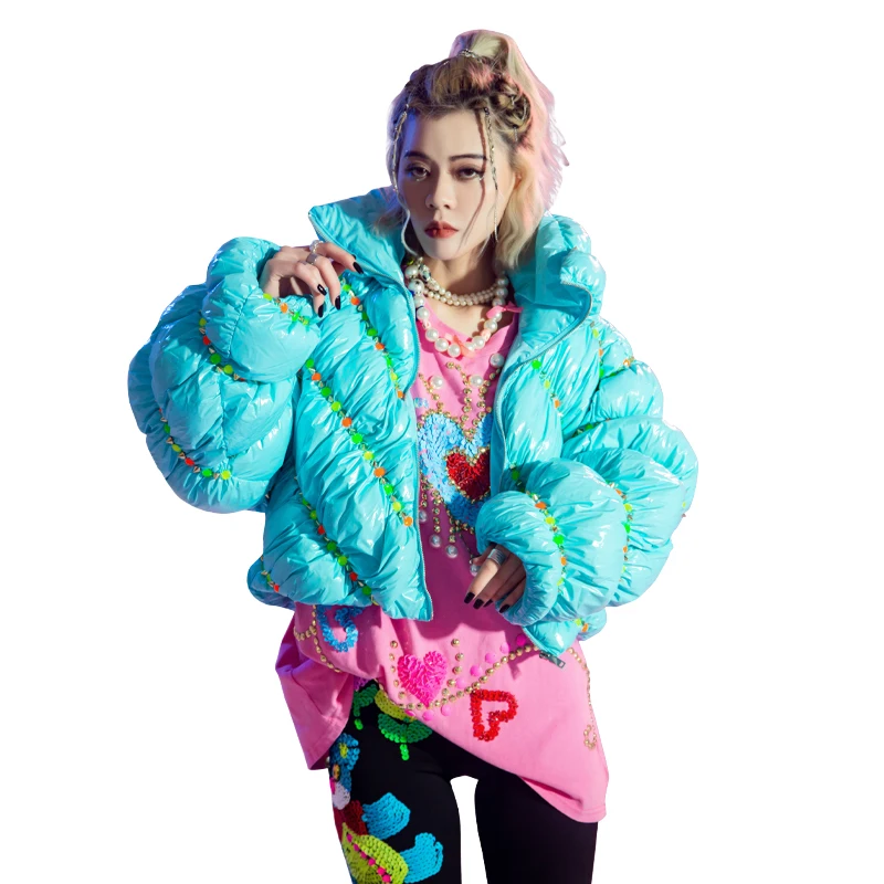 Winter Feather-Padded Thick Drawstring Parkas Zipper  Bubble Women Short Puffer Jacket