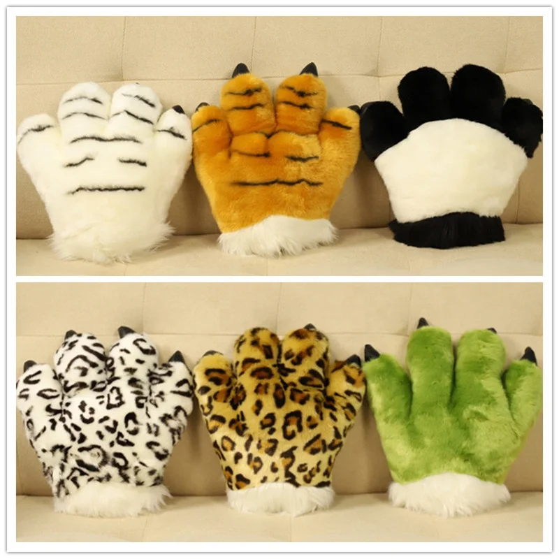 Simulation Fluffy Striped Yellow / White Tiger Paw Plush Gloves Cosplay Animal Stuffed Mittens Tiger Paw Gloves
