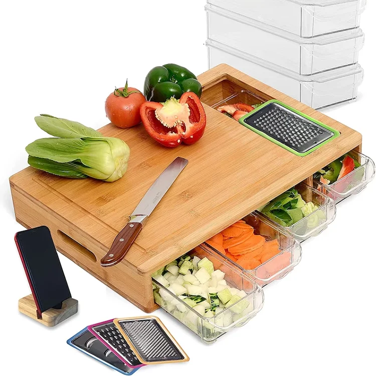 Bamboo Cutting Board with 4 Sliding Drawer Trays Kitchen Chopping Boards Wood multifunctional cutting board