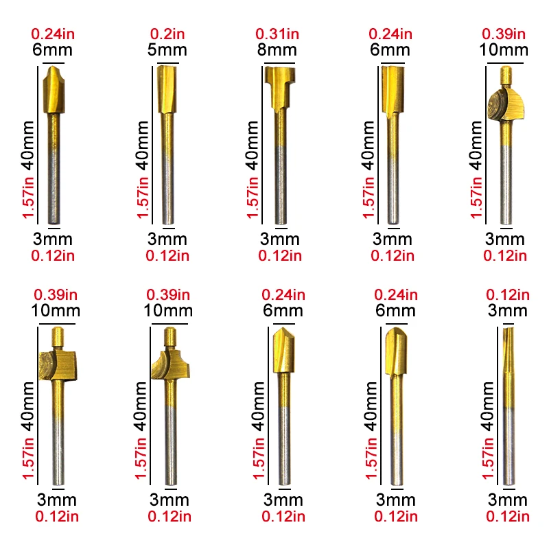 10pc Carbide Woodworking engraving cutter trimming carving milling cutter Router Bit