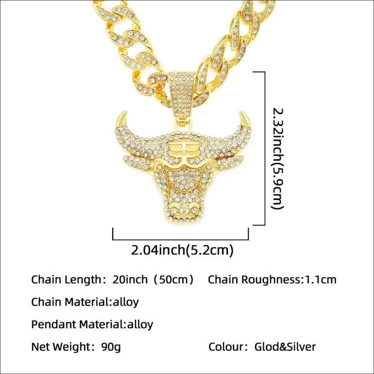 Iced Out Bling Chain Fashion 18K Gold Plating Alloy Charm Cattle Bull Head Hip Hop Pendant Necklace