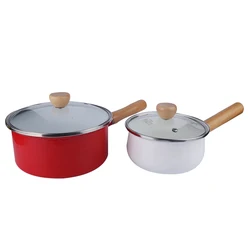 European eco white emamel milk pan coated metal cookware kitchen saucepans with single wooden handle