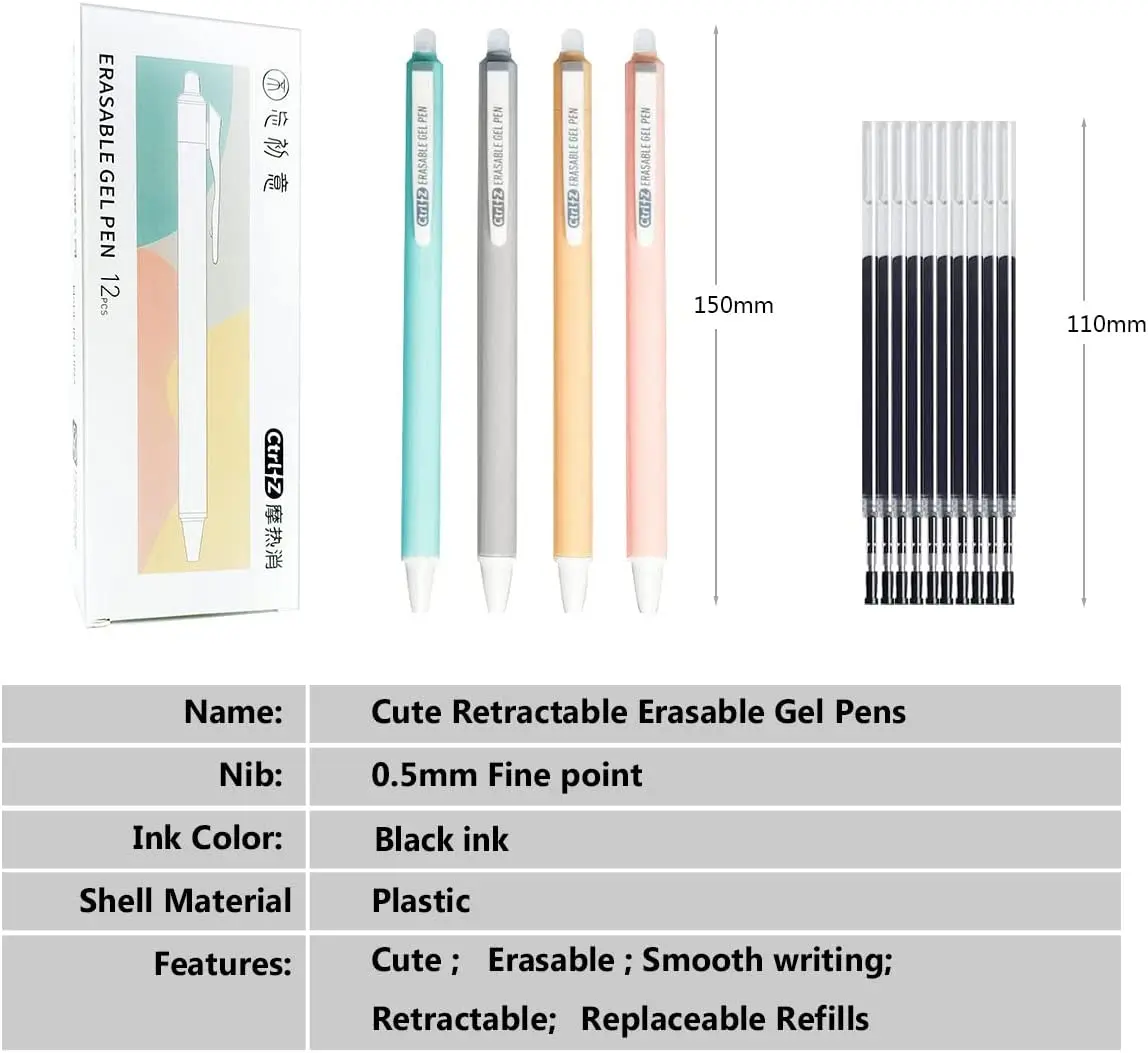 KUKI 12pcs Erasable Pen Cute Refillable & Retractable Gel Ink Pens Pastel Pens Barrel Premium Fine Writing