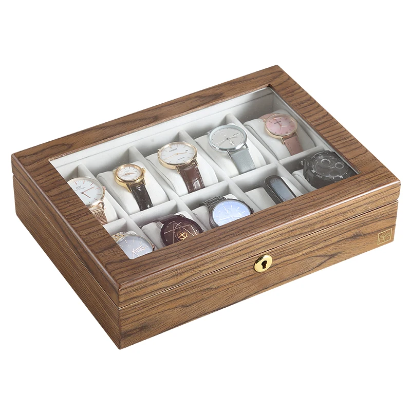 Wholesale Custom Logo Luxury 10 Slots Large Wooden Pocket Watch Storage Box Lock Wood Velvet Glass Watch Boxes Display Gift Case
