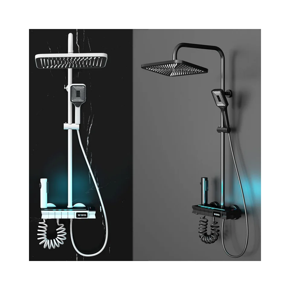 Longstar  Modern 4-Speed Glass Surface Digital Display Shower Ambient Light Gunmetal Gray Matte White Piano Key Shower Set