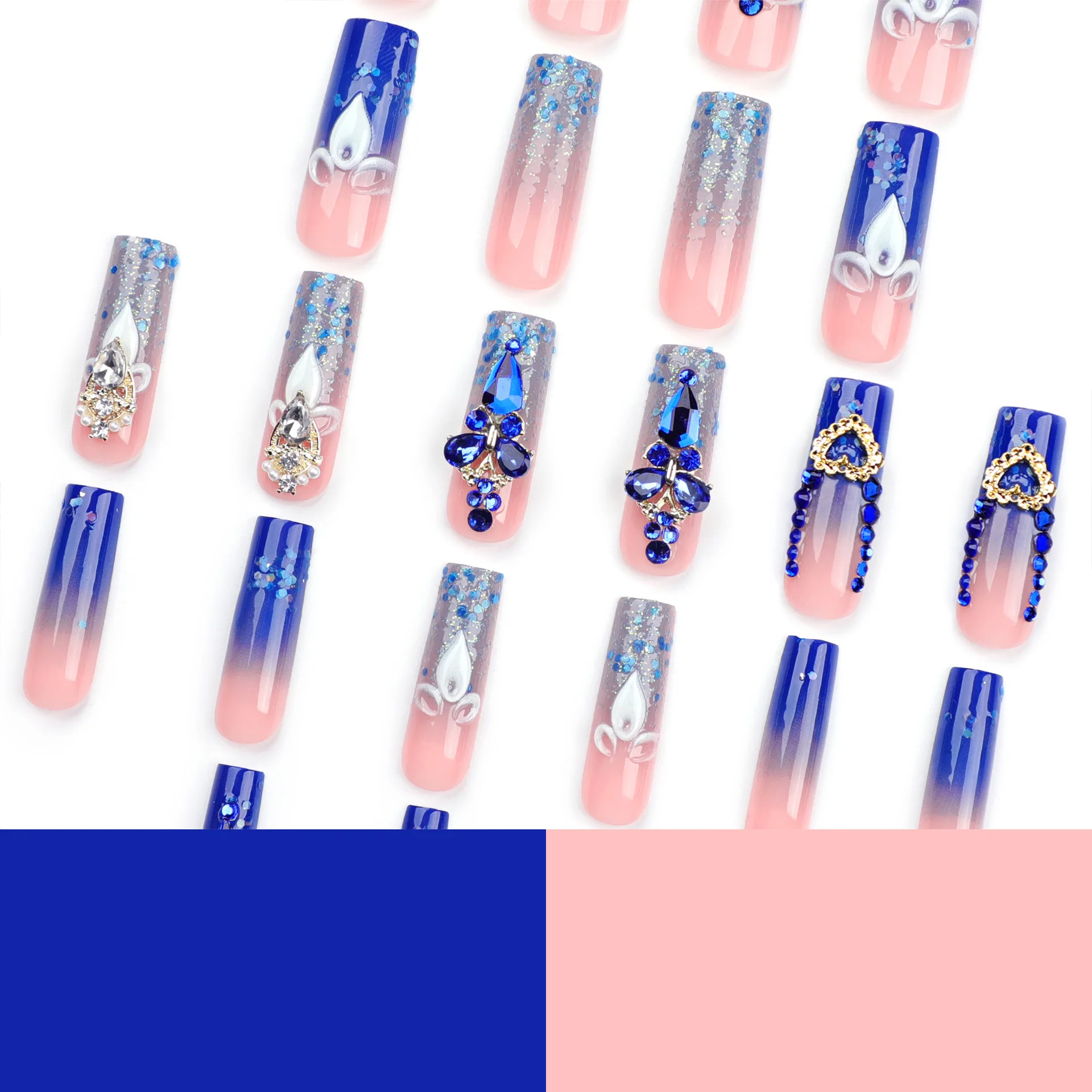C450 SAFENG 24pcs French Sparkling Diamond Press On Nails Blue Bling Long Square Artificial Fingernails False Nails