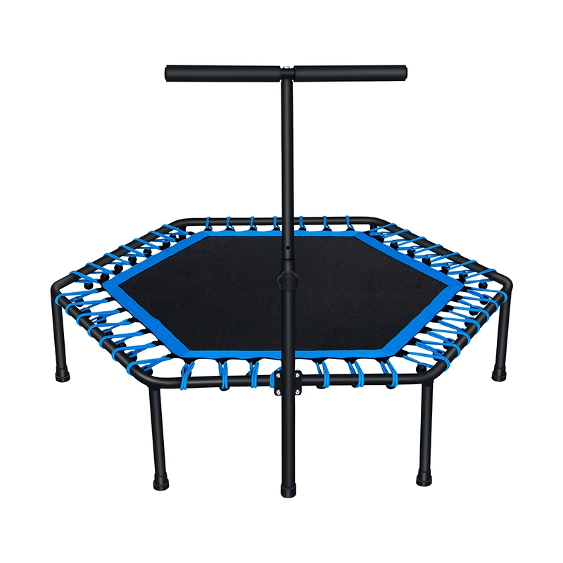 Professional mini hexagonal fitness multicolor elastic trampoline jumping bed without enclosure for kids with handrail