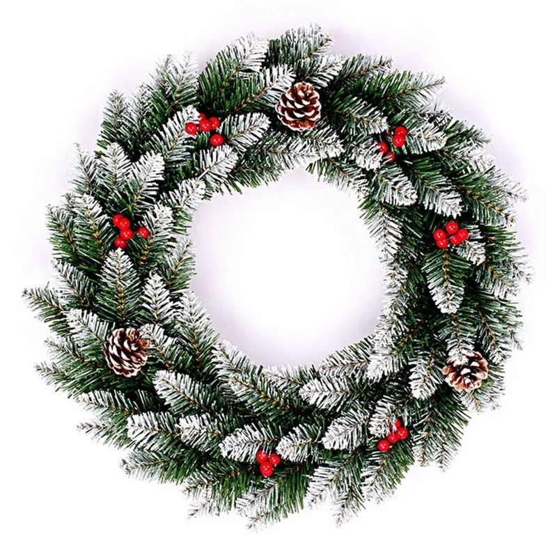 wholesale 40cm 50cm 60cm PVC Christmas wreath with red berries pine cones