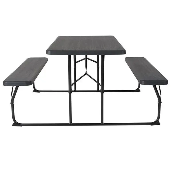 Portable Foldable Snack Outdoor Garden Furniture Picnic Set Camping Woodgrain HDPE Panel Top Table Metal Frame