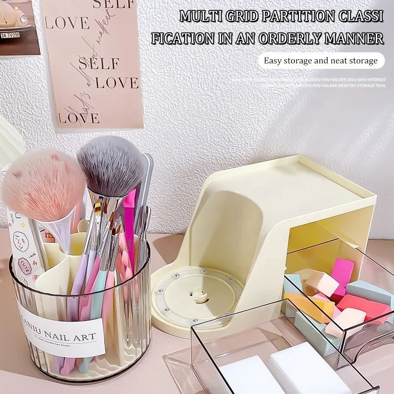 Multifunctional Rotating Nail Art Organizer For Nail Brush Cuticle Nippers Container Nail Beauty DIY Manicure Tools Storage Box