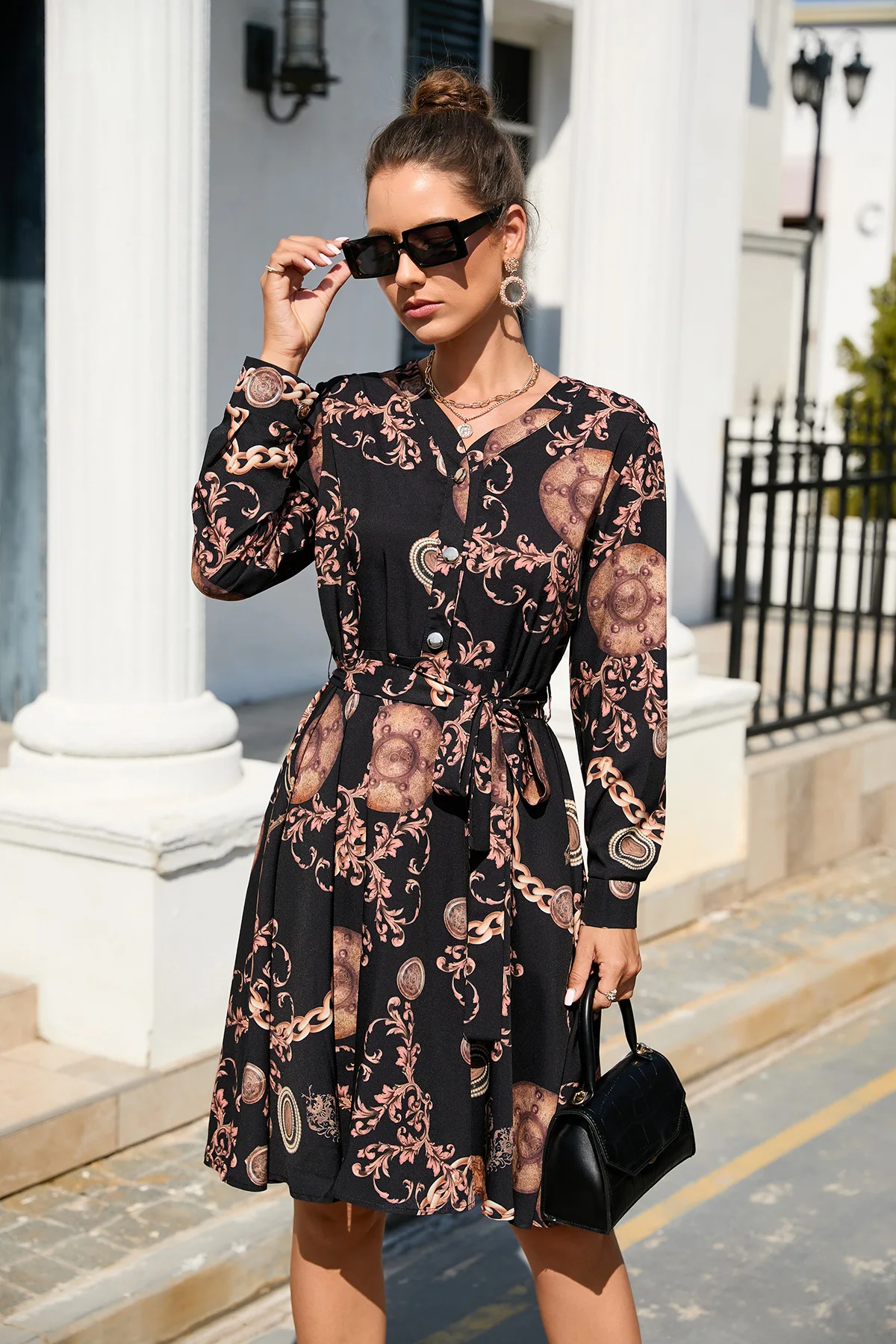 European Station Summer Printed Long Sleeve Swing Dress