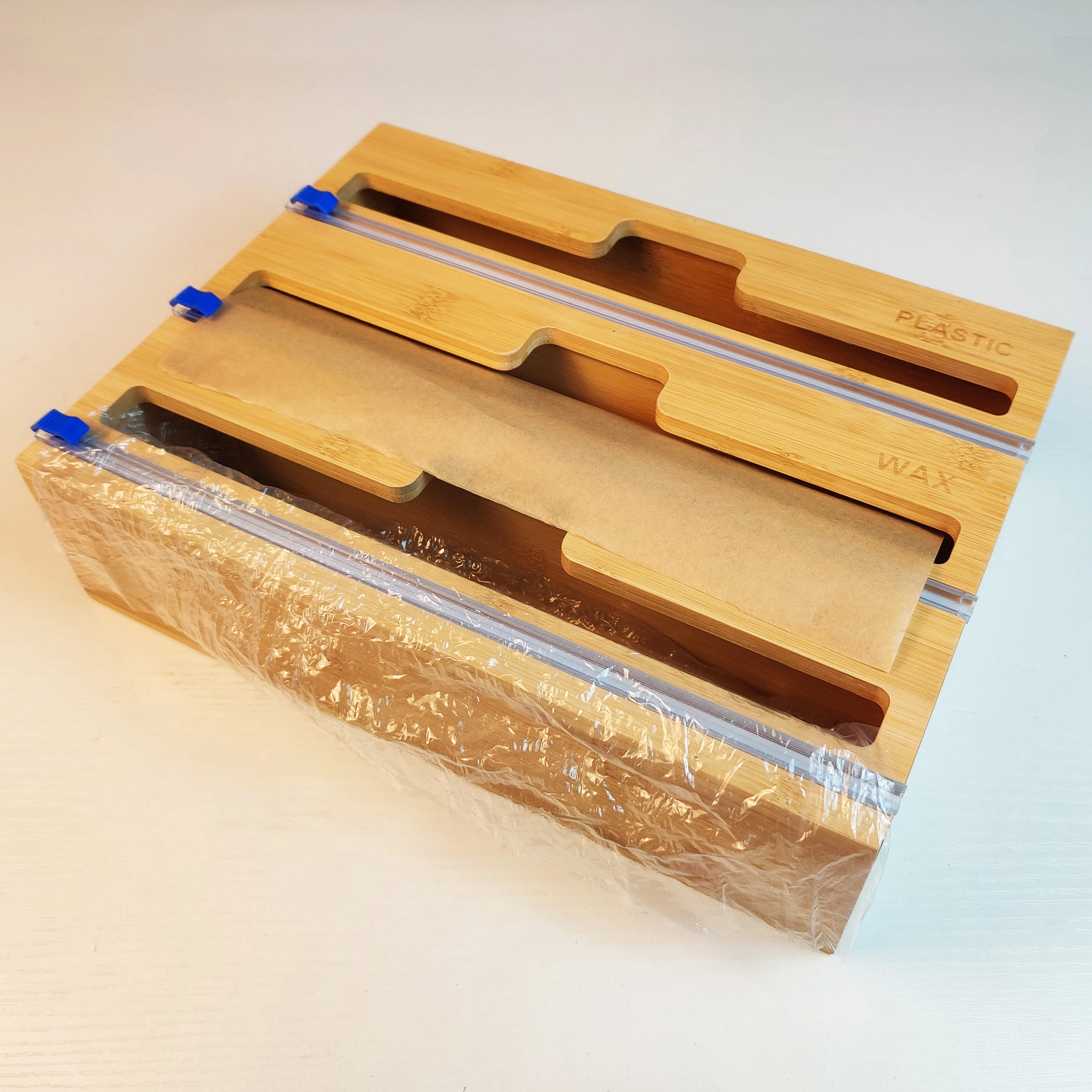 Bamboo Stretch Cling Wrap Dispenser Foil Dispenser Organizer for Kitchen Drawer Cling Wrap Dispenser with Cutter