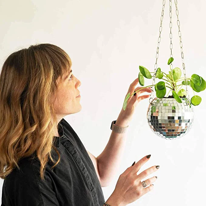 Disco Ball Planter,ball shape hanging flower pots Basket with Metal Macrame Rope Hanging Drainage