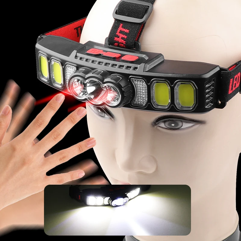 Multiple Light Source Red Blue Light Warning Sensing Bright Headlight XPE COB LED Fishing USB Rechargeable Waterproof Headlamp