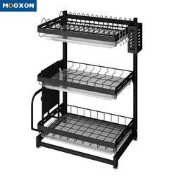 Wall Mount 2  Tier Plate Organizer Countertop Storage Stand Stainless Steel Bowl Drainer Dish Drying Rack With Cutlery Holder