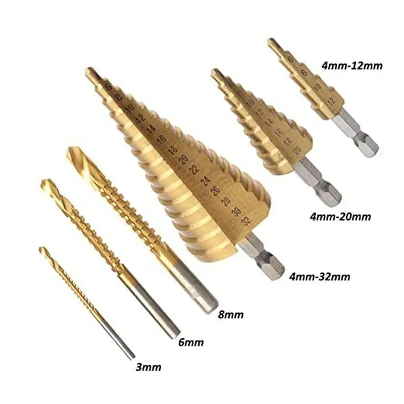 6Pcs Step Sawtooth Drill Bit HSS Titanium Plated Straight Groove Drilling Power Tools Metal Wood Hole Cutter Core Opener
