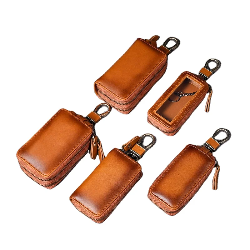 Genuine leather key case holder bag storage fashion with zipper protective shell mini car key cover customer logo