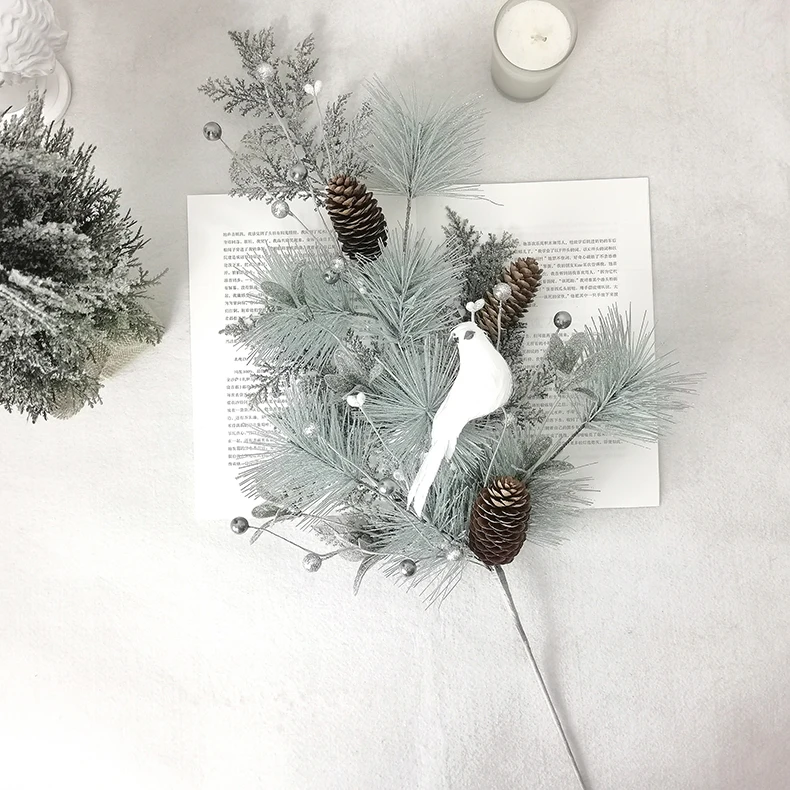 Christmas plastic blue glitter pine needle pick long stem with artificial white feather bird Christmas picks