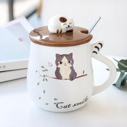 Cute Cartoon Cat Porcelain Lid Coffee Ceramic Mug
