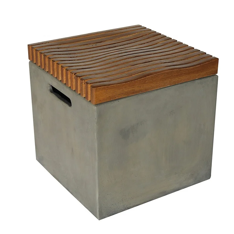 Wooden slat top grey cement bottom GRC GFRC square outdoor indoor ottoman step stool shower stool  foot stool
