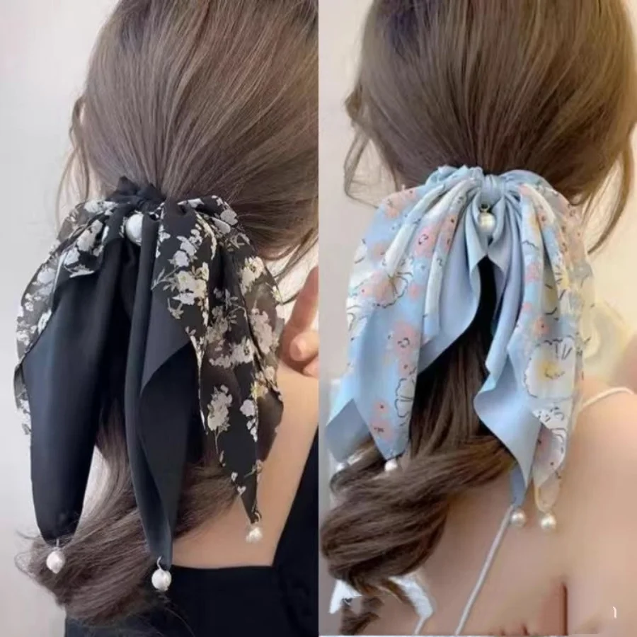 Women Floral streamer Scrunchy Bow scrunchies Headpiece Summer Hair Tie High Ponytail Hair Accessories Wholesale