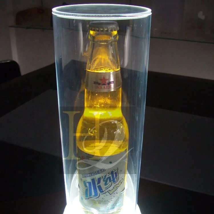 Customized wholesale acrylic wine bottle cylinder display stands with led lighting base display