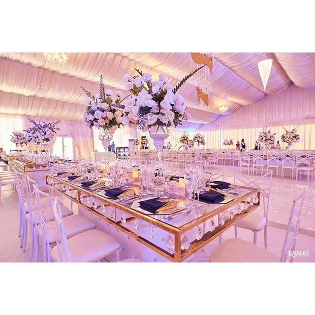events used metal base stainless steel frame mirrored glass crystal table for wedding