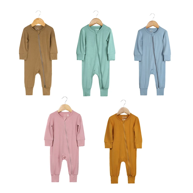 Newborn Baby Double Zipper Romper  long sleeve Solid baby Covered hands and feet Pajamas wholesale bamboo baby romper