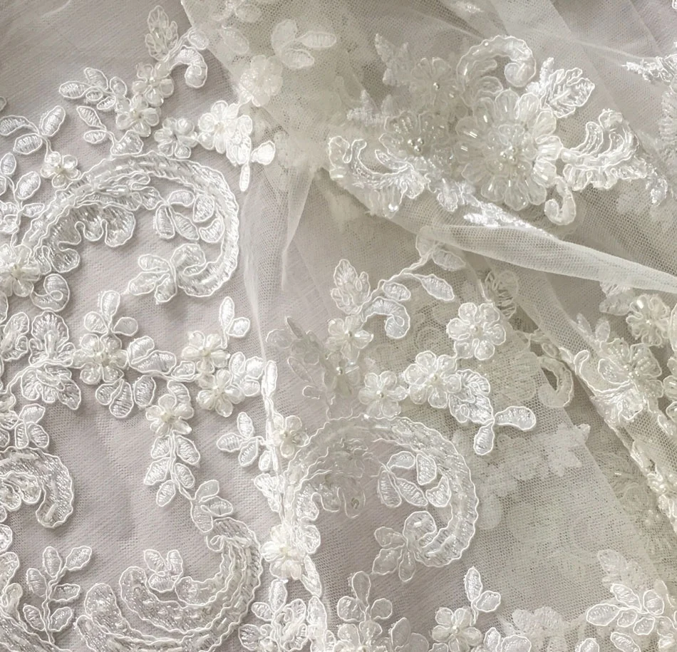 high quality bridal cord lace fabric hand beaded sequin embroidery lace fabric , fancy wedding dress fabric