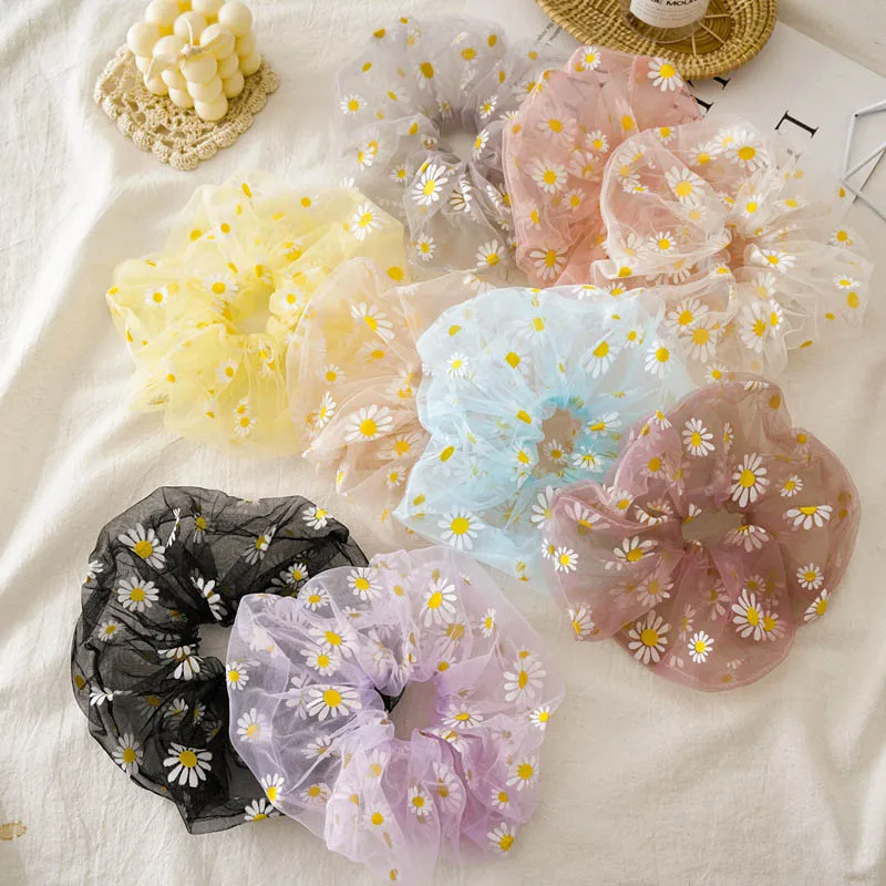 Резинки Ins Organza Scrunchies Новинка для девочек повседневная жизнь большая сетчатая повязка на голову с ромашками аксессуар для вечеринок для женщин как на фото Daliy Life