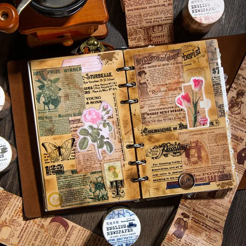 STICKERS PUNK English Newspaper Vintage Washi Tape Decorative Masking Tape Nostalgic Style Decor Sticker for Craft Wrapping05177