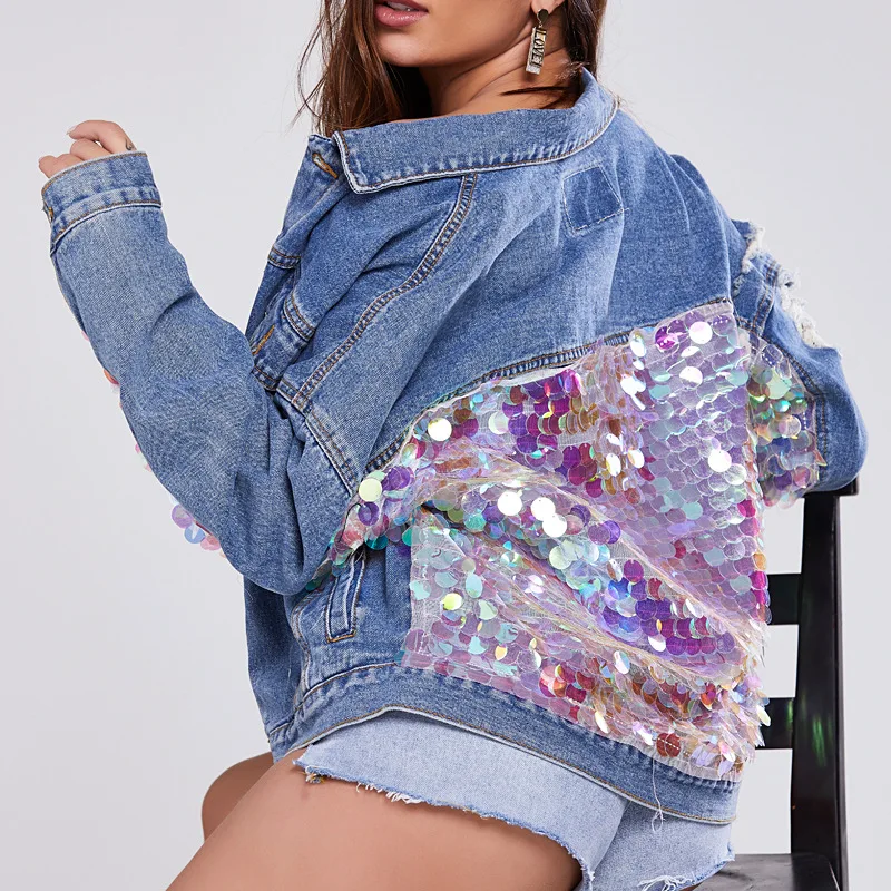 
New Style Ripped Loose Plus Size Denim Coat Sequin Denim Jean Jacket Women 