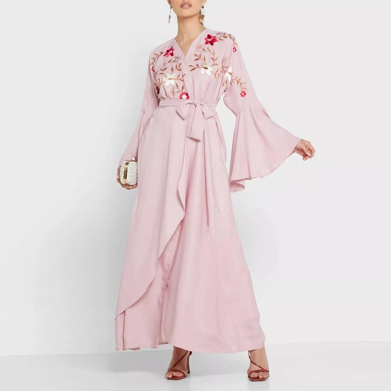 OEM custom pink 2023 summer ladies fashion embroidery turkish muslim casual dress chiffon abayas women