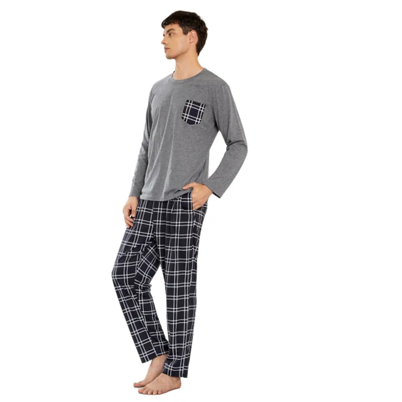 Wholesale  Loungewear Plaid Pants And Solid Tops Pajama Sets Knit Breathable Pyjama Cotton Men Pjs