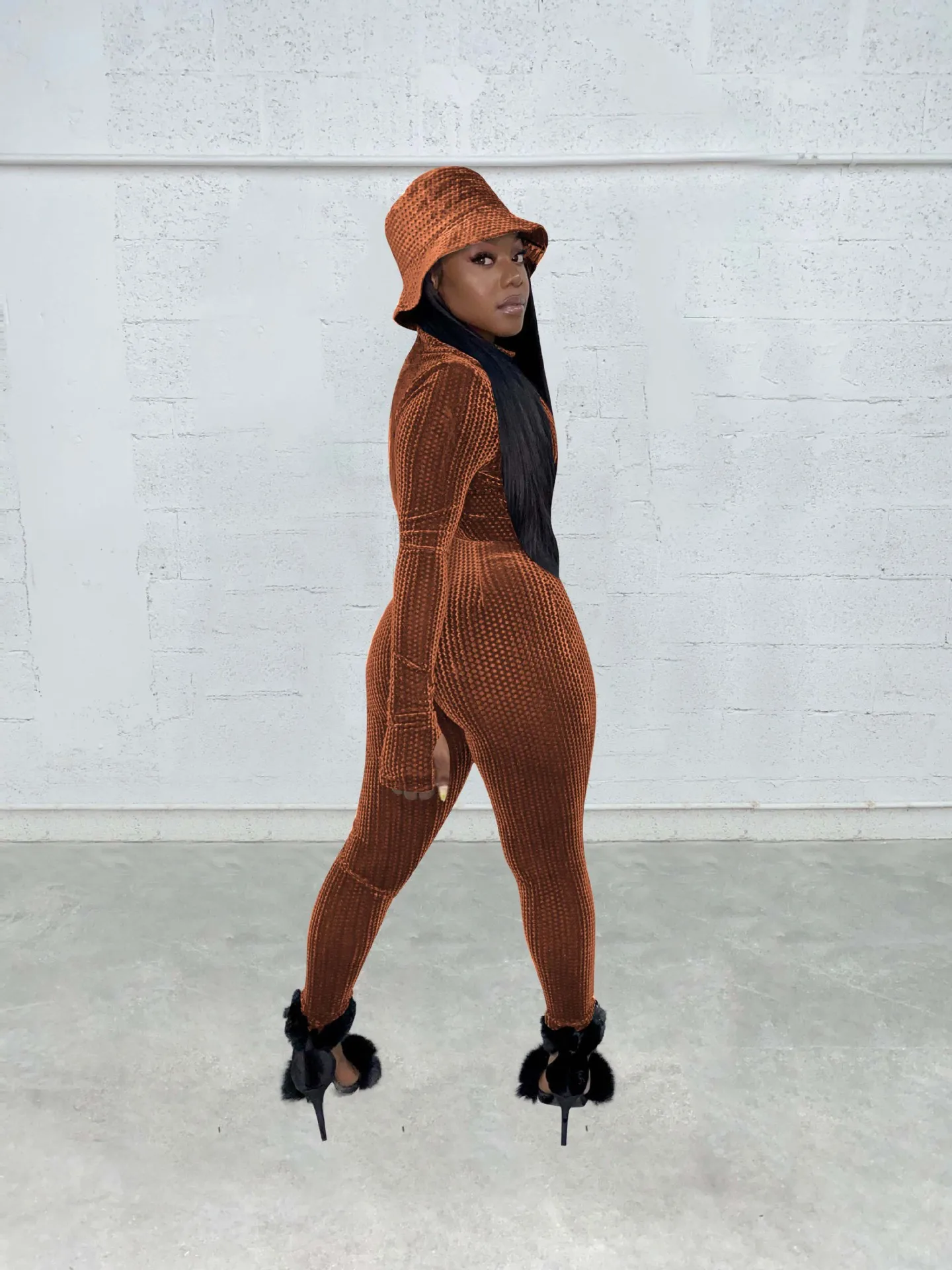 2022 Fall Womens Jumpsuits Hollow Out Bandage Rompers Women One Piece Long Sleeve Velvet Jumpsuit