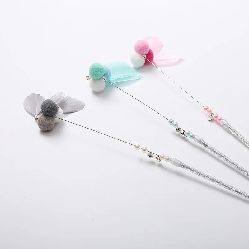 2023 Steel wire bell cat stick cute feather fairy stick spot interactive colored fur ball pet cat toys