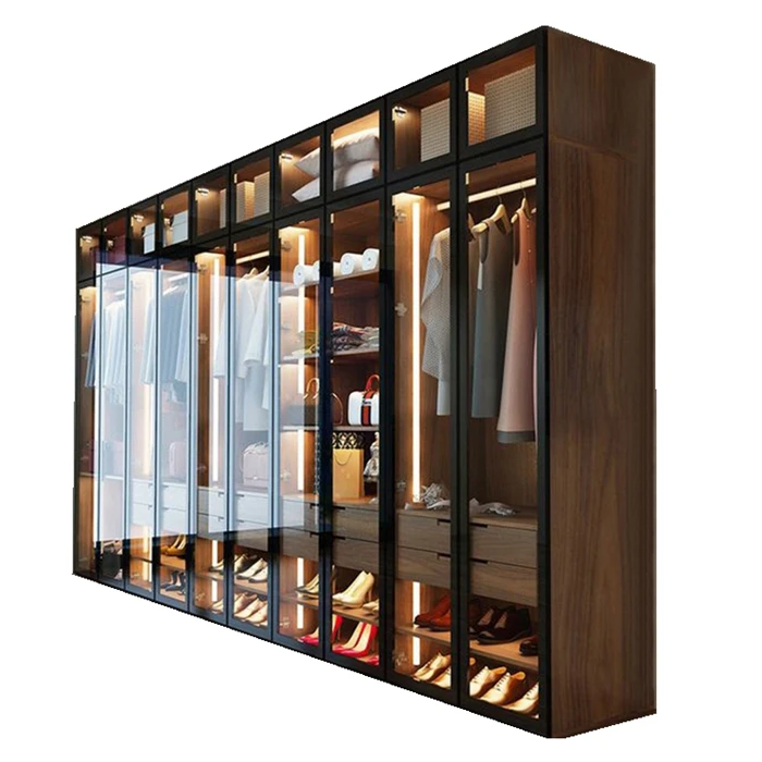 
2020 best fashion wardrobe wooden wardrobe high glass door with LED Light in bedroom custom cabinets factories 