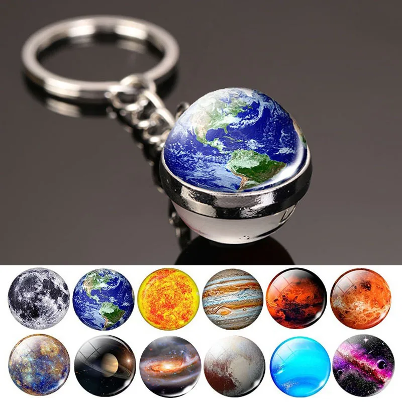 Sun Planet Moon & Galaxy Keychain Double-Sided round Glass Light Crystal Earth Keychain