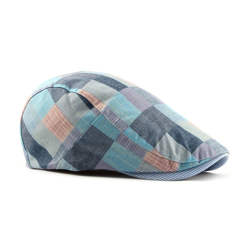 Men Adjustable Fine Stripe Lattice Berets Hat for Women Spring Summer Plaid Red Green Blue Duckbill Literary Checkered Cap