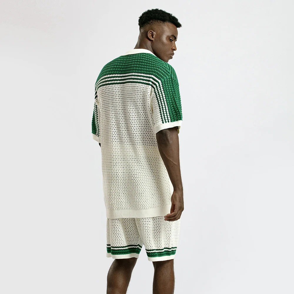 Custom men knit sweater shirt summer Hollow Out cardigan knitwear short Sleeve V-neck knitted sweater polo shirt for men