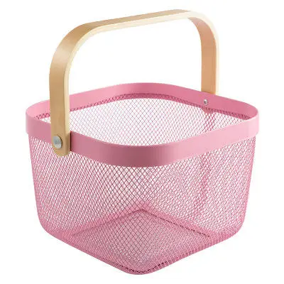New Arrival Portable With Wood Handle Metal Kitchen Vegetable Storage Basket Fruit Basket