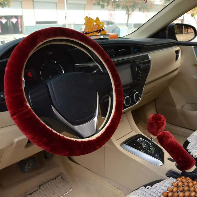 K395 Universal Steering-wheel Plush Faux fur Hand Brake Gear Cover Set Car Steering Wheel Covers