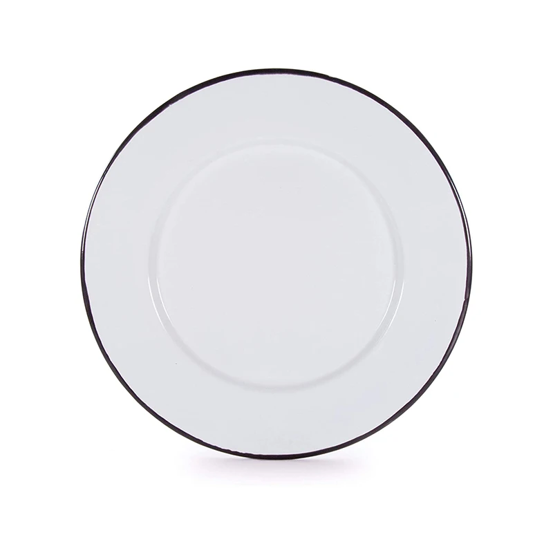 Wholesale Vintage Cast Iron Enamel Dish Solid White Enamel Dinner Plate Dish With Black/Blue/Red Rim