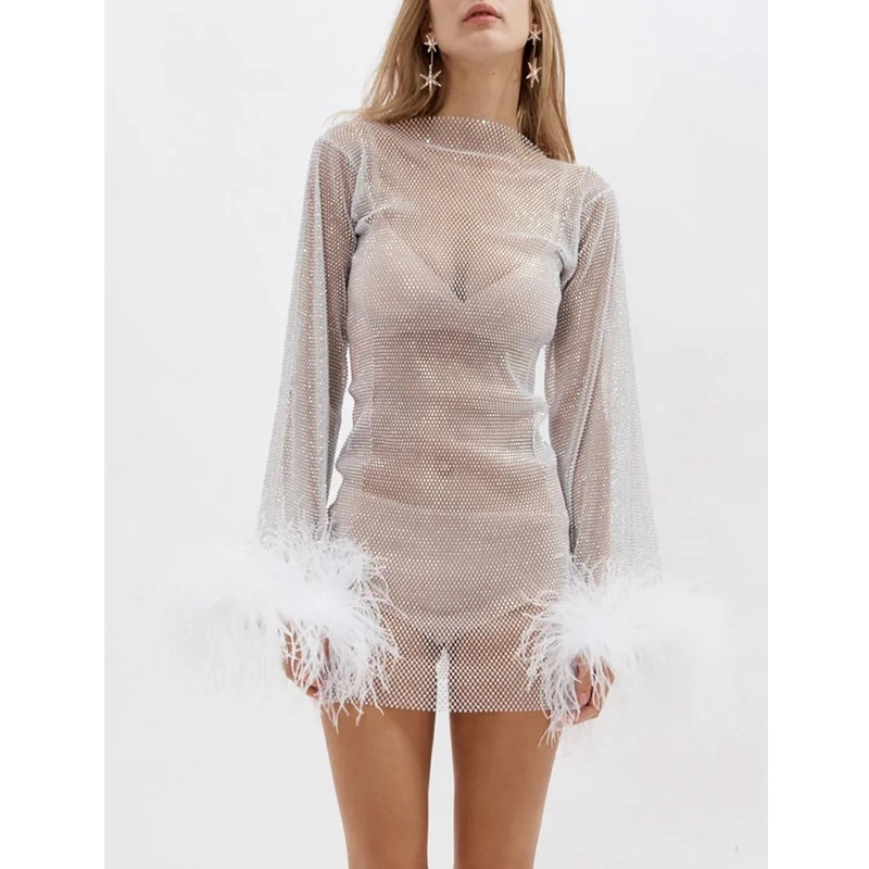New Crystal See Through Fishnet Embellished Mini Pink Nightclub Evening Dresses Long Sleeve Feather Mesh Rhinestone Dress