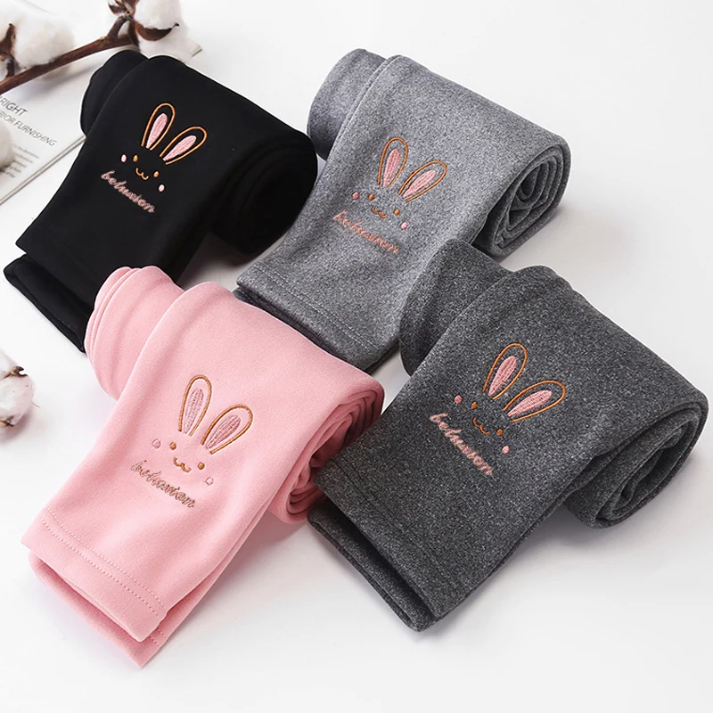 2023 Winter Kids Velvet Leggings Simple Rabbit Embroidered Girls Thick Style Warm Pants Stock
