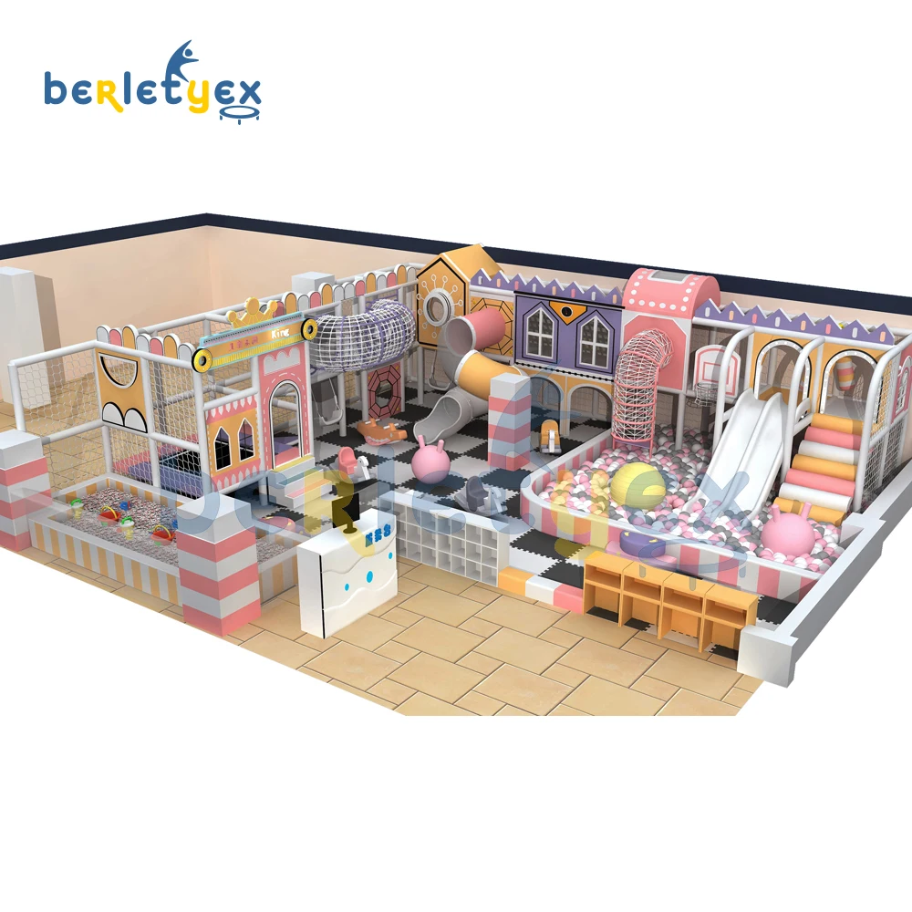 Kids indoor playground castle with tube slide equipment climbing frame commercial sand pool children playground 60 square meters