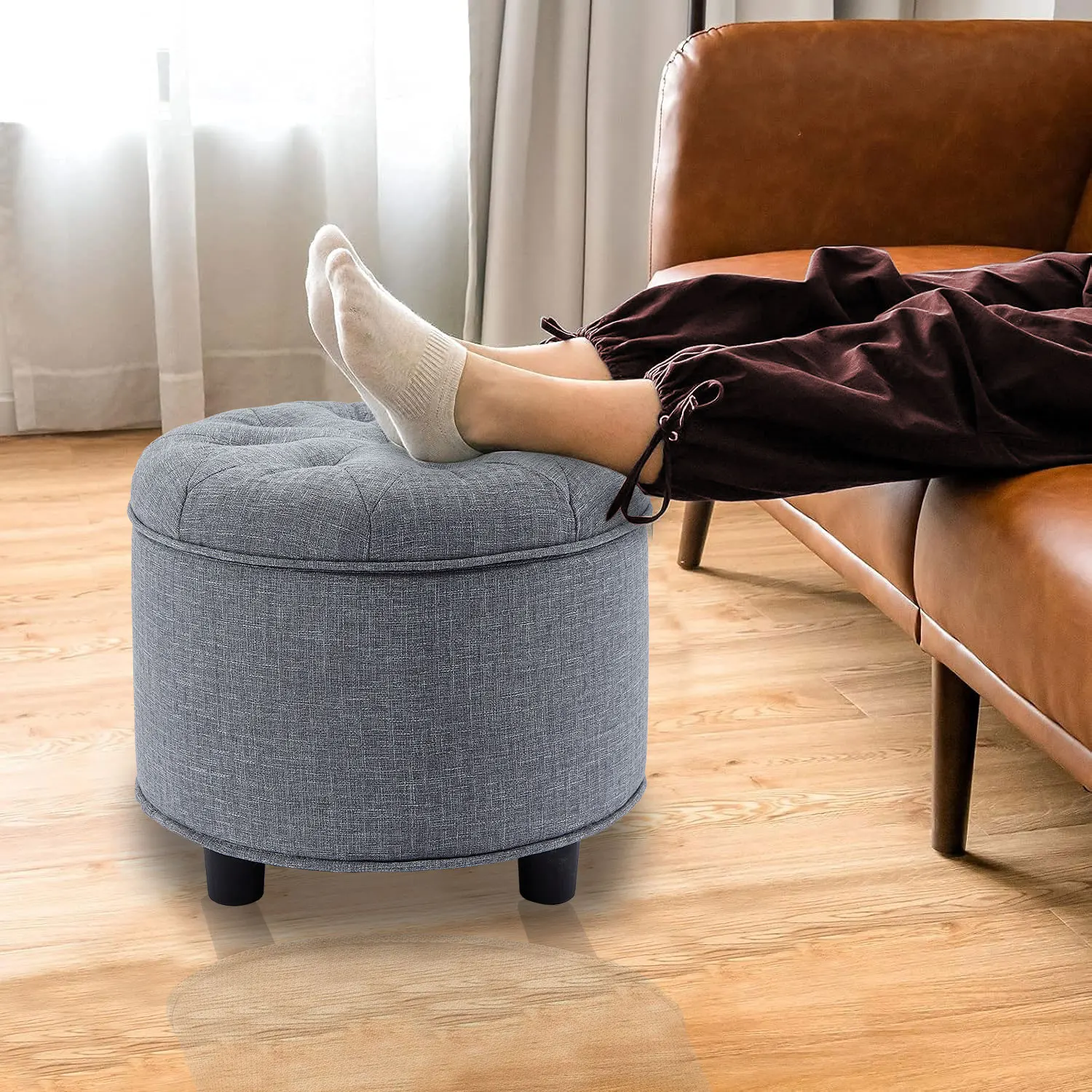 Custom Colors 2 in 1Single Ottoman Seat with Storage Round Fabric Stool for Livingroom Bedroom