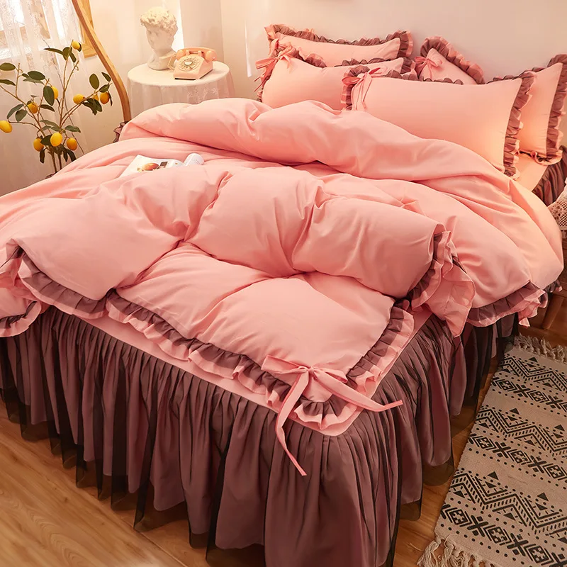 Lace four-piece bed set skirt Purple bed cover Korean bow Princess Wind fairy duffel cover.