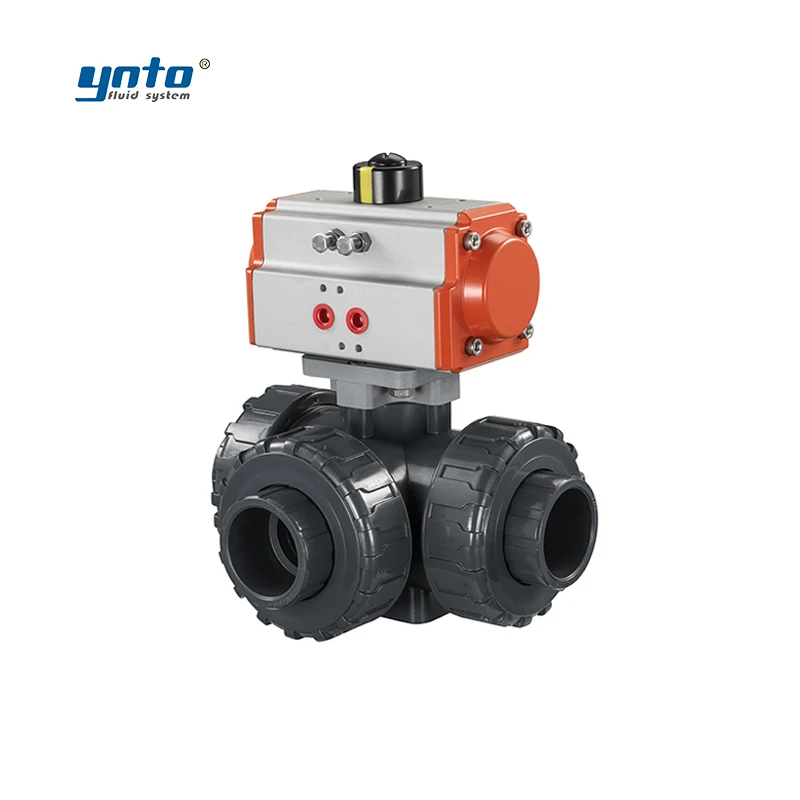 YNTO flow control industrial 3 way ball valve dn100 supplier Pneumatic pvc ball valve three way T L port  for sugar refinery
