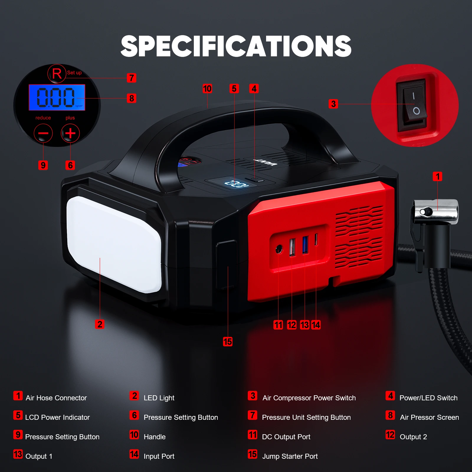 Multifunctional car battery jump starter pack 3000A high power car battery jump starter with air compressor